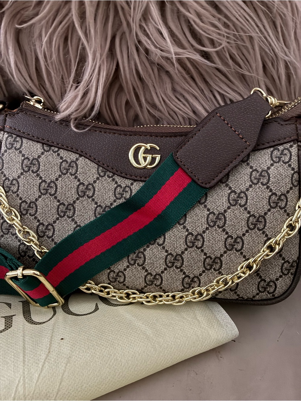 Gucci Beige GG Supreme Shoulder Bag with Brown Trim and Green-Red Strap & chain